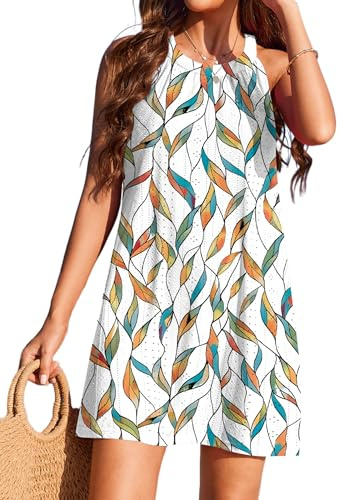 Ekouaer Copricostume Donna Mare Abito da Spiaggia Bikini Cover Up Estivi Senza Maniche Corte Sexy Beachwear Casual Abito,Stampa Foglia S
