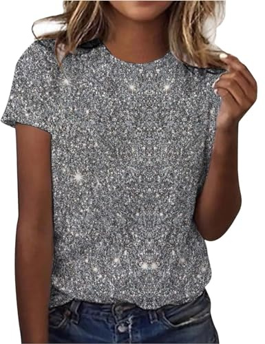 Glitzer Oberteile Damen, Pailletten Oberteil Damen, Festliche Oberteile Kurzärmelig Rundhalsausschnitt T-Shirt Lässig Elegant Festlich Tops Weich Bequem Workout Tshirt Abendparty Hochzeit Bluse