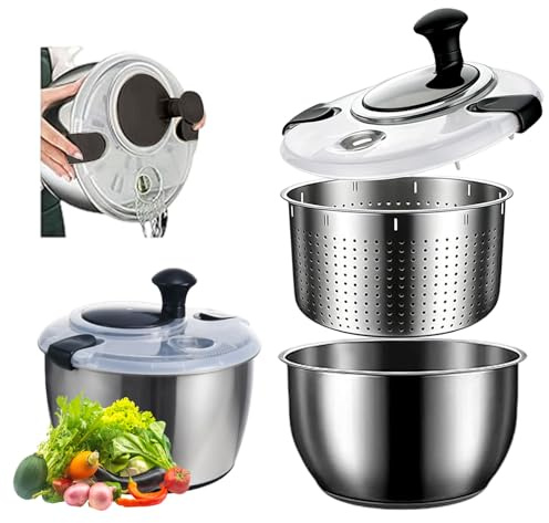 5L Salatschleuder, Salatschleuder Edelstahl, Salatschleuder Mit Deckel, Lebensmittelecht Edelstahl, Rutschfester Sockel, Effizient zur Salatzubereitung & Lebensmittelreinigung (Edelstahl 304)
