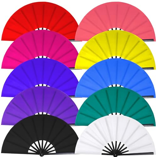 Grevosea 10 Pcs Large Folding Fans for Line Dancing and Popping, 13 Inch Colorful Kung Fu Tai Chi Handheld Fans Decorative Clacking Fan for Performance Dance Wedding Party Dance Enthusiasts