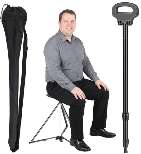 Lightweight Folding 2-in-1 Cane Stool for Adults, Aluminum Alloy Walking Stick with Seat, 330lbs Capacity, Anti-Slip Rubber Pads, Height Adjustable, Portable Travel Aid for Seniors, Hikers