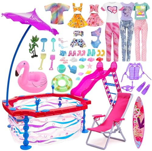 36 Pcs Doll Pool Playset with Slide, 11.5 inch Doll Clothes Accessories with 1 Diving Suit 1 Surfboard Beach Chairs 2 Swimring 3 Outfits 3 Swimwear 10 Shoes 14 Sand Beach Accessories, Gift for Girl