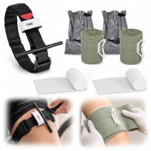 Kit de Bandage Garrot, 1x 95 cm Garrot Tactique + 2x Bandages d'Urgence Israéliens de 6'' + 2x Bandes de Gaze, Matériel de Premiers Secours d'Urgence pour l'Alpinisme, le Sport et le Camping