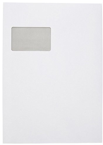Idena 10251 - Faltentasche, DIN C4, mit 2 cm Bodenfalte, 120 g/m², haftklebend, mit Fenster, 200 Stück, FSC-Mix, weiß