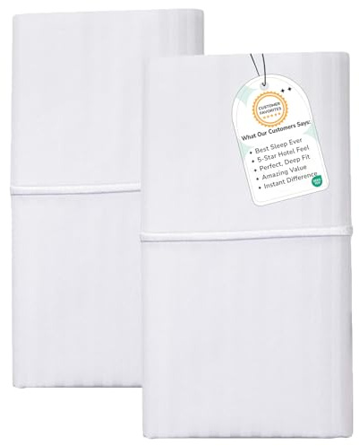 Feather & Stitch Pillowcase|Cotton Pillow Case Covers Set of 2 King Size Envelop Closure|Soft Luxury 500TC Damask Stripe Sateen Weave Cooling Bed Embroidered Pillow Cases|20x40 Inches White Color
