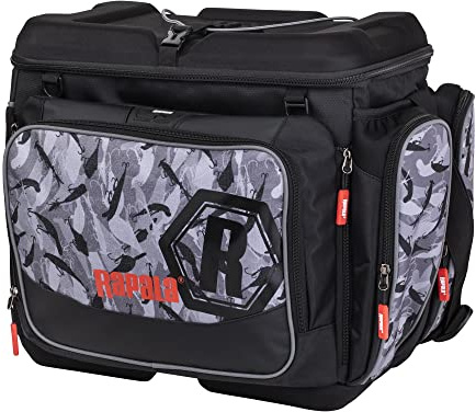 Rapala, Borsa da Pesca Impermeabile LureCamo Tackle Bag Magnum, Borsa per Attrezzatura da Pesca con 2 Porta Canne, Tracolla Regolabile, Tasche Multiple e Vassoio Rimovibile - Grigio/Nero