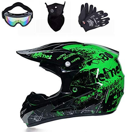 Motorrad Crosshelm mit Visier Brille Handschuhe Maske,Motocross Helm, Full face MTB Helm Motorrad helm Mopedhelm für ATV Downhill Sicherheit Schutz (Grün, L (58cm-59cm))