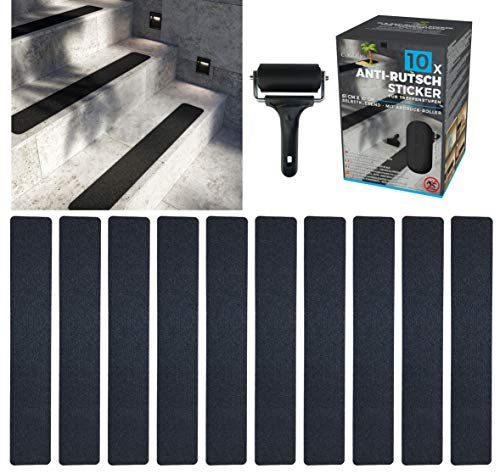 cocofy Pegatinas antideslizantes para escaleras exteriores e interiores XXL | 10 tiras (90 x 15 cm grande) negro | agarre fuerte gracias a la superficie especial para exteriores
