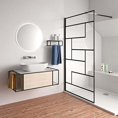 Walk In Doccia 110x200cm Vetro 8mm Serigrafato Nero Riquadri Barra 73-120cm | Anticalcare, Vetro Temperato, Opaco