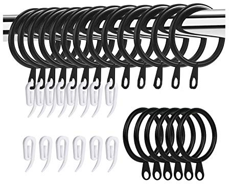 50 Pack Curtain Rings and Hooks, 30mm Metal Drapery Hanging Rings & 50pcs Curtain Hooks Plastic White for Curtains and Rods, Drape Sliding Eyelet Rings(Black, 50 Pack)