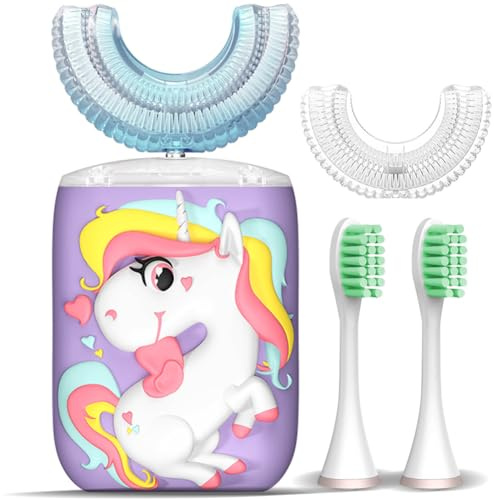 Kids U-Shaped Electric Toothbrush, Sonic Automatic Toothbrush with 4 Brush Heads, 360° Whole Mouth Cleaning Six Modes, Unicorn Design, IPX7 Waterproof, Rechargeable Birthday Gift (Purple, Kids 2-7)
