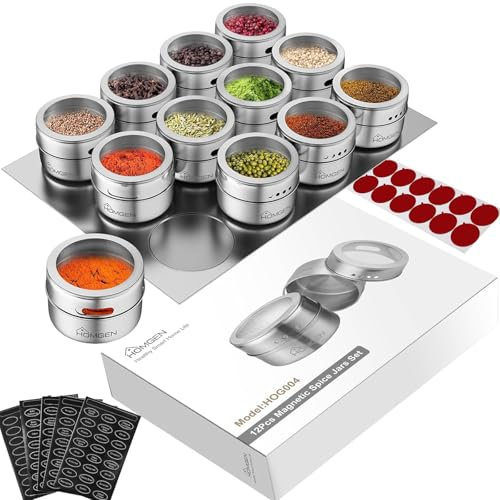 HOMGEN 12Pack Magnetic Spice Jars Set Stainless Steel Magnetic Spice Containers 100ml/3.4oz Magnetic Spice Jars for Fridge BBQ Magnet Spice Tins Set Magnetic Spice Pots with Lids for Kitchen