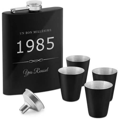 Maverton Flasque personnalisée de 200 ml pour lui | Pour voyageur, Set avec 4 verres à shot, Idee Cadeau Homme, Flasque Whisky, Cadeau Anniversaire Homme, Pour ami, Année