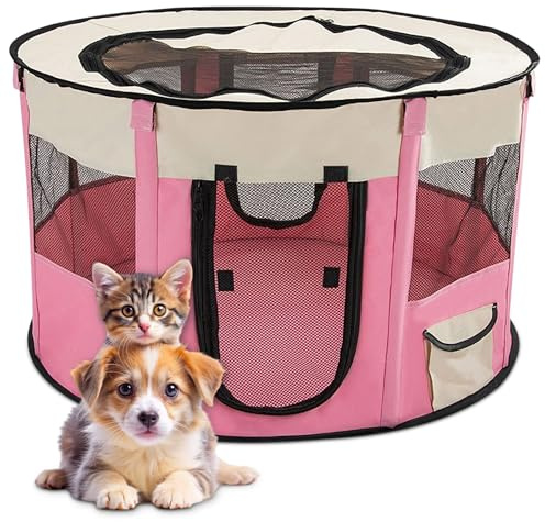 ALLSOPETS Welpenauslauf Faltbar, Laufstall für Hunde, Rosa, M | Tragbarer Welpenlaufstall für Hunde und Katzen mit Tragetasche, Indoor Outdoor Hundebox für Reisen, Camping und Zuhause