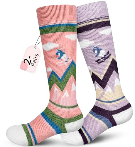 unenow 2 pares de calcetines de esquí de lana merino, cálidos calcetines térmicos de invierno para niños y niñas, 2 pares: rosa/morado, pequeños, 2 Pares: Rosa/Púrpura, Small
