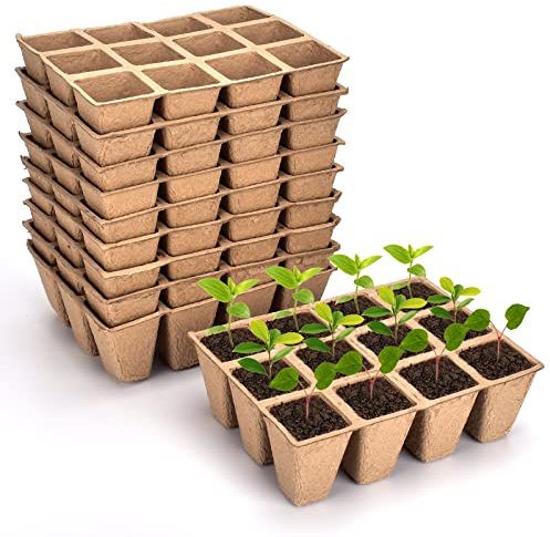 gueche Confezione da 10 vassoi quadrati per sementi in fibra biodegradabile, con 60 etichette per piante in plastica per Piante da Semi Fiori Verdure