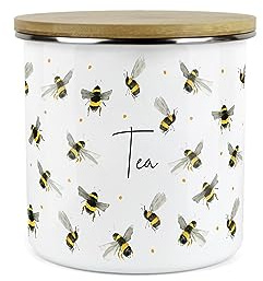 Purely Home Scattered Bees Tea Canister - White Metal Enamel Kitchen Medium Sized Food Storage Container