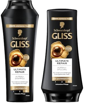 Gliss Shampoo Ultimate Repair (250 ml) Haarshampoo mit flüssigem Keratin & Perlen-Extrakt, Keratin Shampoo & Ultimate Repair Spülung (200 ml), Haarspülung Reparatur-Pflege, Pflegespülung