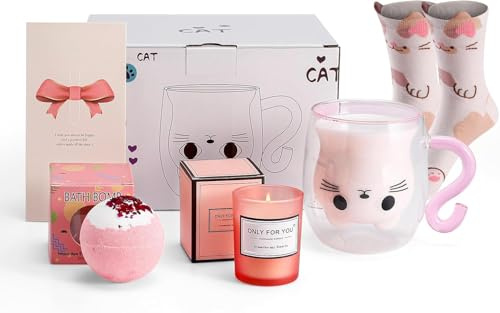 HUISHENG Cat Mug Gift Sets, Birthday Gifts for Women, Presents for her, Christmas Valentines Mothers Day Gifts for Wife Mum Grandma Girl Teacher Friend