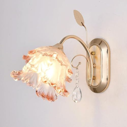 SEMANHUAOZ Floral Sconce Gold Wall Light Fixture, Retro Flower Shape Glass Wall Lamp with Prism Crystal, Modern Vintage Rustic/Wall Sconces for Bedroom and Dining Room, E14