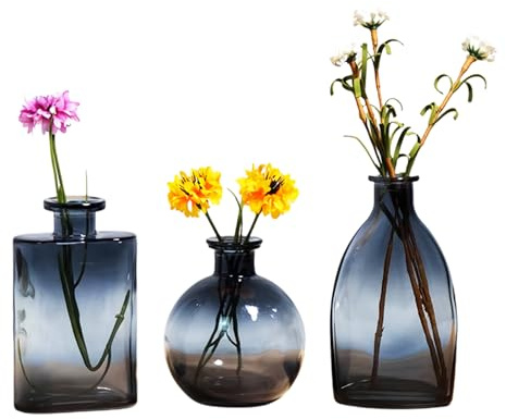 KMERCE Blumenvasen aus Glas, kleine Vase, grau, modern, Dekoration für Tischmitte, Hochzeit, Champagner, Boheme, Taufe, Geburtstag, Muttertagsgeschenk, 3 Stück