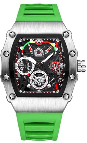 RORIOS Orologi da Polso Tonneau da Uomo Orologio Moda Quarzo Orologi Luminosi Analogico Orologio Sportivo Acciaio Inossidabile con Cinturino in Silicone Verde
