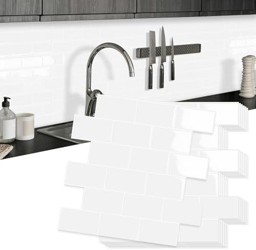 10 Stück Upgrade Dickere Fliesenaufkleber Klebefliesen Wandfliesen, Wasserdicht Metro Fliesen Selbstklebend Wandverkleidung für Küche Bad,Spritzschutz Vinyl Fliesen(Weiß,30,5 x 30,5 cm)