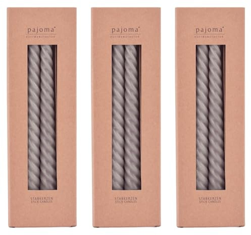 pajoma® Gedrehte Stabkerzen Grau 12 Stück | Hochwertige Drehkerzen - 45g Wachsgewicht, ca. 5 Std. Brenndauer, 250 x 20 mm | Premium Spiralkerzen, Twisted Kerzen, Wendekerzen