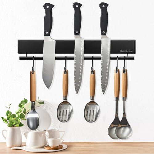 Rekehome 30 cm Magnetic Knife Holder with 5 Hooks, No Drilling Black Knife Magnetic Strips and Utensil Hanger for The Wall, Strong Knife Magnetic Holder Includes Adhesive Tape and Screws