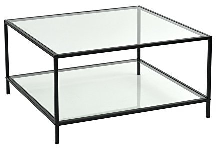 Mesa de centro cuadrada de cristal con patas de metal y estante de almacenamiento para sala de estar, diseño moderno, 80 x 80 x 42 cm