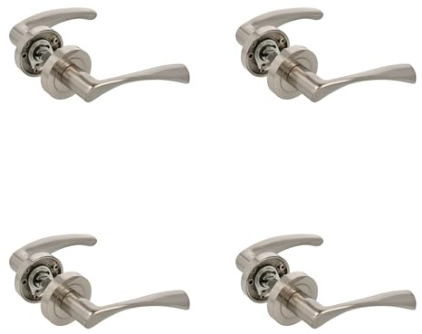 Amig - Set di 4 maniglie in zama con rosetta per porte | Mod. ISHI RX | Ø52 mm | Quadretto da 8 mm | Design Elegante e Semplice | Alluminio Nichel Spazzolato