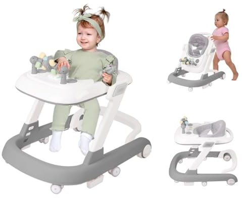 4-in-1 Lauflernhilfe für Babys mit abnehmbarer Fütterungsplatte und Musiktablett, zusammenklappbarer Aktivitäts-Trimmer für Jungen und Mädchen von 6 bis 18 Monaten (Grau, 60 x 55 x 70 cm)