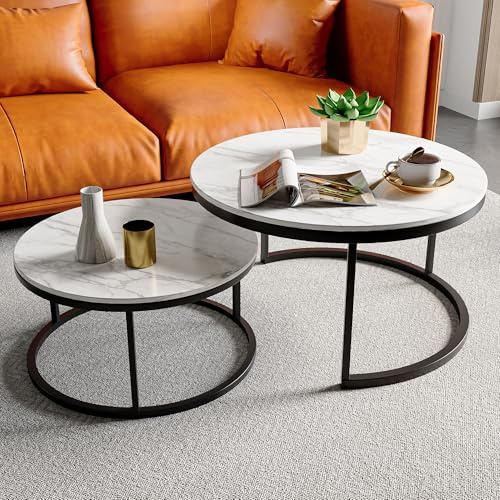 BRILVERDE Couchtisch Rund 2er Set,Wohnzimmertisch Sofatisch Beistelltisch,für Wohnzimmer,Büro,Weiß Marmoroptik,Schwarz Metallgestell (Schwarz)