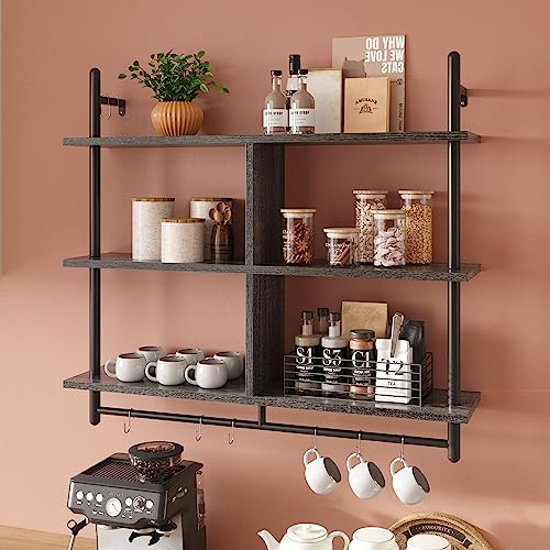 Bestier Schwebendes Rohrregal, 105,5 cm, 3-stufig, Schwarz | Industrielles Design, Wandmontiert, Leiterregal mit Rundrohr, Mit Haken, Holzregal für Dekoration und Aufbewahrung