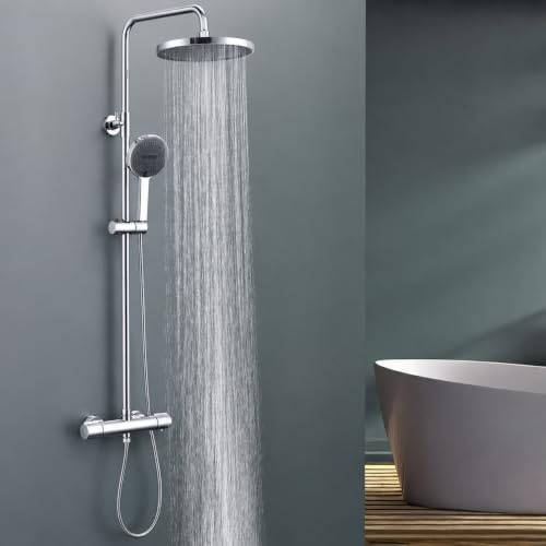 Homelody Duschsystem i rostfritt stål med termostat, krom – duscharmatur komplett set med 3 stråltyper handdusch och 25 cm huvuddusch – regndusch med armatur duschset för moderna badrum