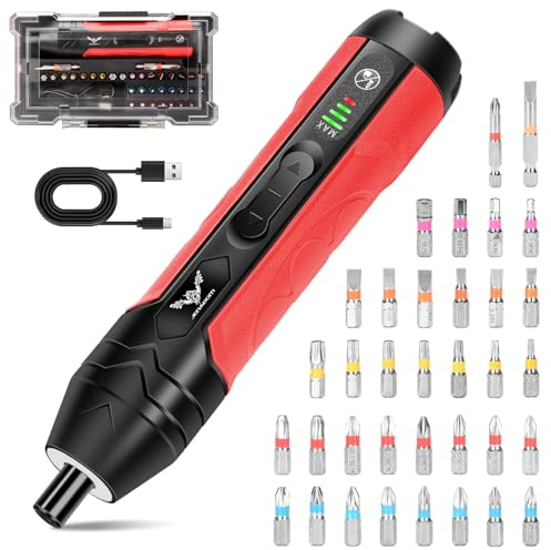 Electric Cordless Screwdriver Set 3.7V Rechargeable Adjustable 4 Torque Electric Screwdriver Gun, 5N.m Max Torque, LED Light,36 Pcs, Ideal for Daily & Light Industrial Use