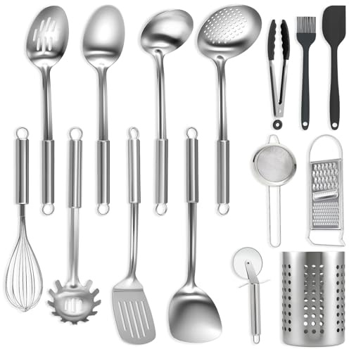 BEWOS 15-teiliges Küchenhelfer Set - Edelstahl Kochlöffel Set, Küchenutensilien mit Spateln und Aufbewahrungsbox, Ungiftig, Spülmaschinengeeignet & Hitzebeständig