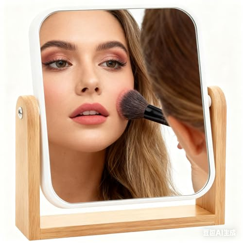 Fonyet Schmink Spiegel Klein Doppelseitiger Kosmetikspiegel mit 3 Fach Vergrößerungsspiegel und Bambusständer, 360 Grad Drehbarer HD Schminkspiegel für Präzises Make-up, Schminken, Rasieren