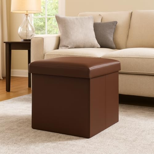 BURAKH Faux Leather Foldable Storage Ottoman – Folding Storage Box Seat Stool with Lid | Multi-Purpose Footstool & Storage Boxes for Home, Bedroom & Living Room (Brown, Single)