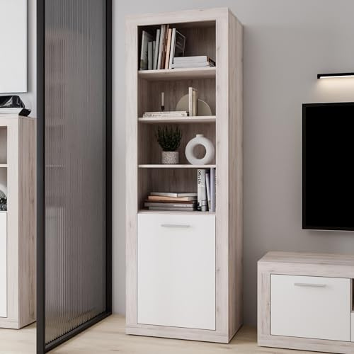 Forte BACCIO Regal 60, modernes Bücherregal für Wohnzimmer/Büro, 1-türig, Einlegeböden, Holzwerkstoff, Sandeiche Holzdekor |Weiß, 58,3 cm breit x 197,6 cm hoch x 41 cm tief