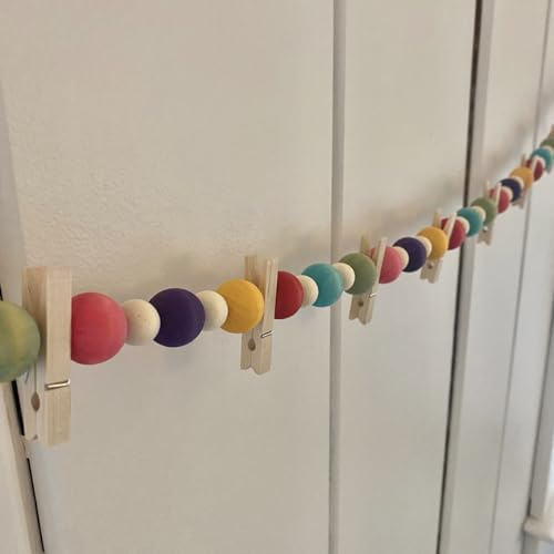 Colorful Wooden Beaded Garland with Clips for Kids Art Display, 58 Inch Hanging Decorative Chain for Photos, Paintings, DIY Crafts, Adjustable Clothespins for Bedroom, Nursery, Classroom Wall Decor