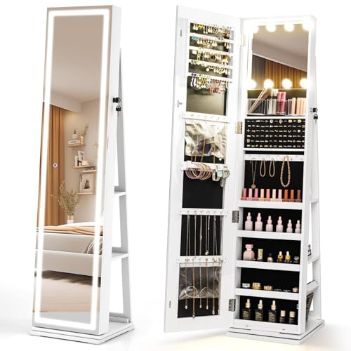 FANTASK Schmuckschrank mit Beleuchtung, Freistehender Standspiegel, 360° Drehbar, Spiegelschrank abschließbar mit Make-up-Spiegel, Ganzkörperspiegel für Ketten, Ohrringe, Schminke, Weiß