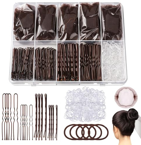 328 Pcs Hair Pins & Bobby Pins Set, COGVOHY 104 U Shaped Hair Pins, 104 Bobby Hair Grips, 100 Clear Elastic Hair Bands, 15 Bun Nets, 5 Scrunchies (Brown)