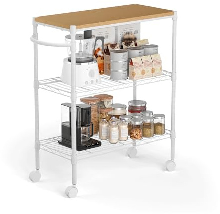 Whitmor 3 Tier Rolling Kitchen Cart,27.6x10x21.7”Heavy Duty Metal Storage Cart with Wheels, Adjustable Shelves, Lockable Utility Cart with Wood Top & Portable Handle for Indoor & Outdoor Use, White