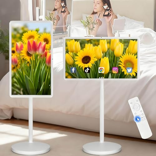 Smart TV portátil de 21.5 24 27 32 con Ruedas Monitor táctil Rotación Completa Uso en Interiores Exteriores(27in8g+128g)