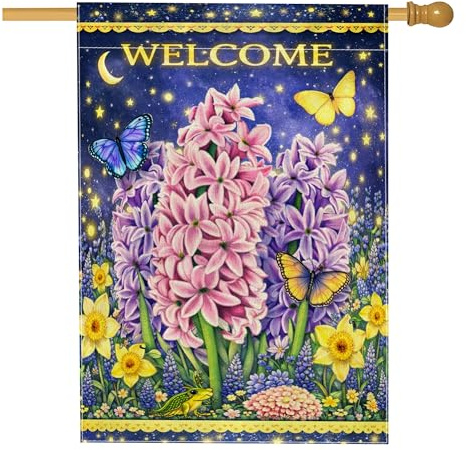 Bandiera della casa del giacinto, primavera floreale farfalla narciso viola primavera doppia tela esterna grande bandiera da giardino per esterni patio cortile prato ingresso balcone 71 x 101 cm