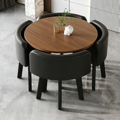 Runder Essgruppe Set, 5-Teilig Tisch und Stühle Set mit 90cm Walnuss-Maserung Esstisch und 4 PU-Leder Esszimmerstuhl, Moderne Esszimmergruppe für Büro Bistro Café, Walnussfarbe + schwarz