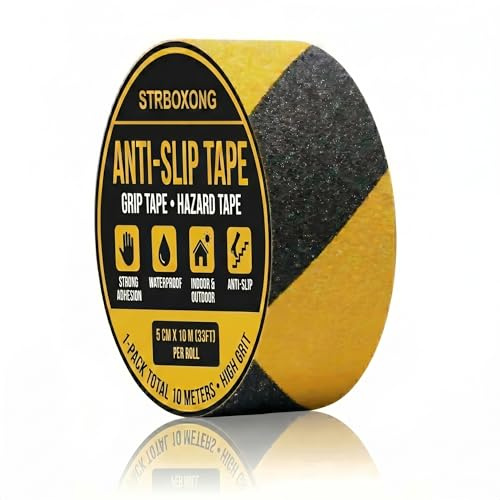 STRBOXONG 1 Rollo Cinta Antideslizante 50mm x 10m, Cinta Seguridad Amarilla y Negra, Alta Visibilidad, Adhesivo Fuerte para Escaleras, Peldaños, Rampas, Exterior e Interior, Agarre Fuerte Industrial