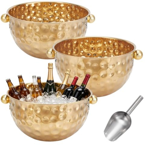 ORIGACH Hammered Stainless Steel Champagne Ice Bucket Set of 2 with Ice Scoop, 6/7L Large Gold Wine Beer Drinks Chiller Bowls with Handles, Metal Beverage Tubs for Party, Cocktail Bar, Chilling Wine