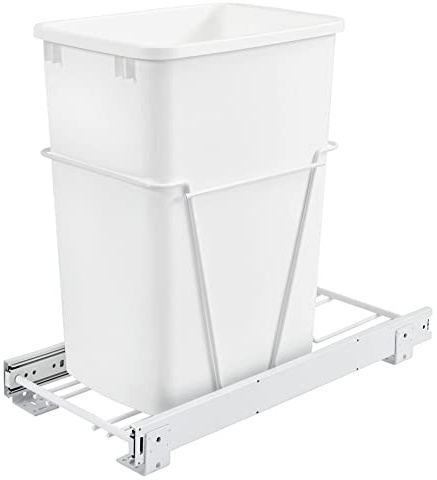 Rev-A-Shelf Steel Pullout Waste Container with Single Trash Can, 35 Quart, White - Sliding Garbage Bin System for Kitchen or Bathroom Base Cabinets, RV-12PB